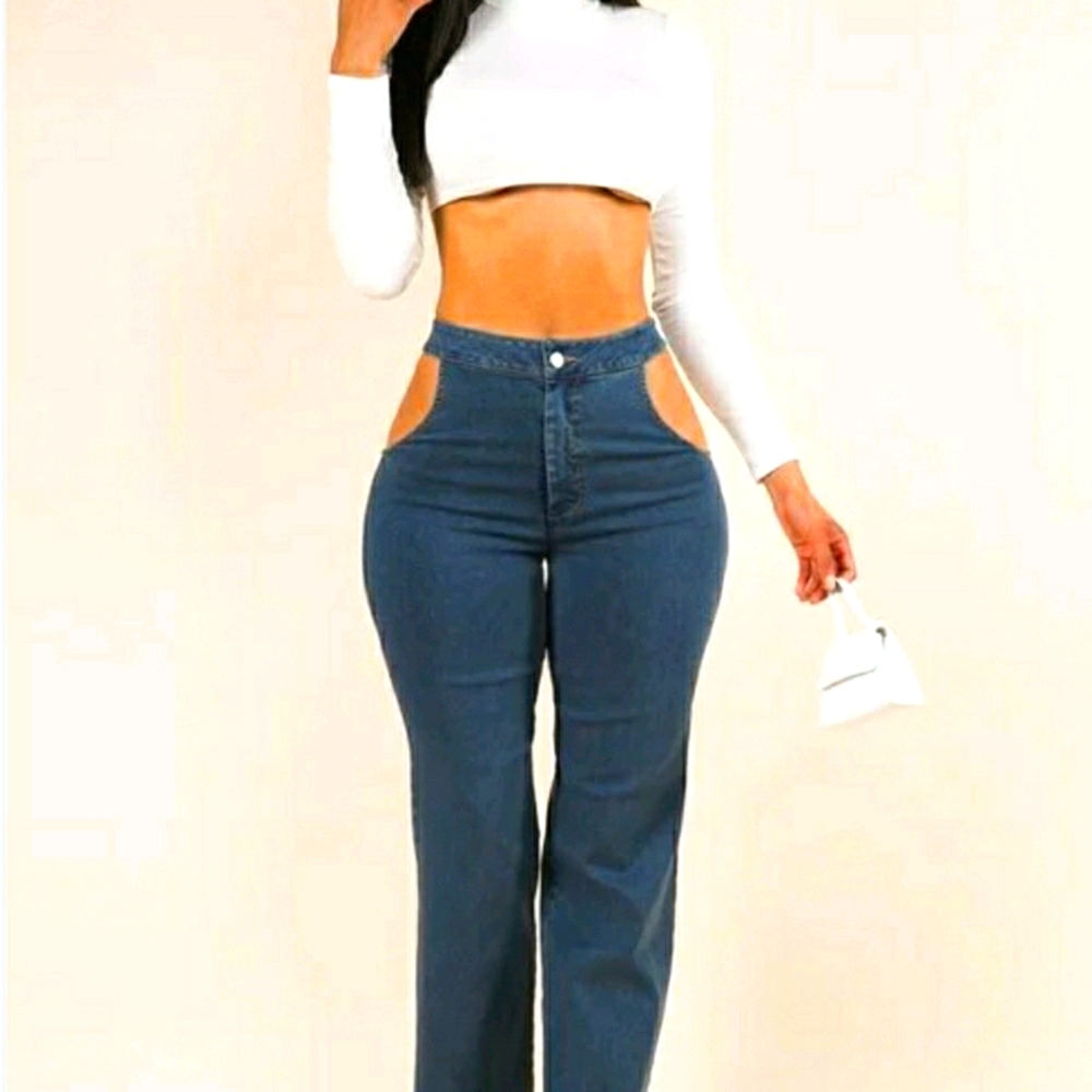 Women Side Cut Out Flared Denim Pants